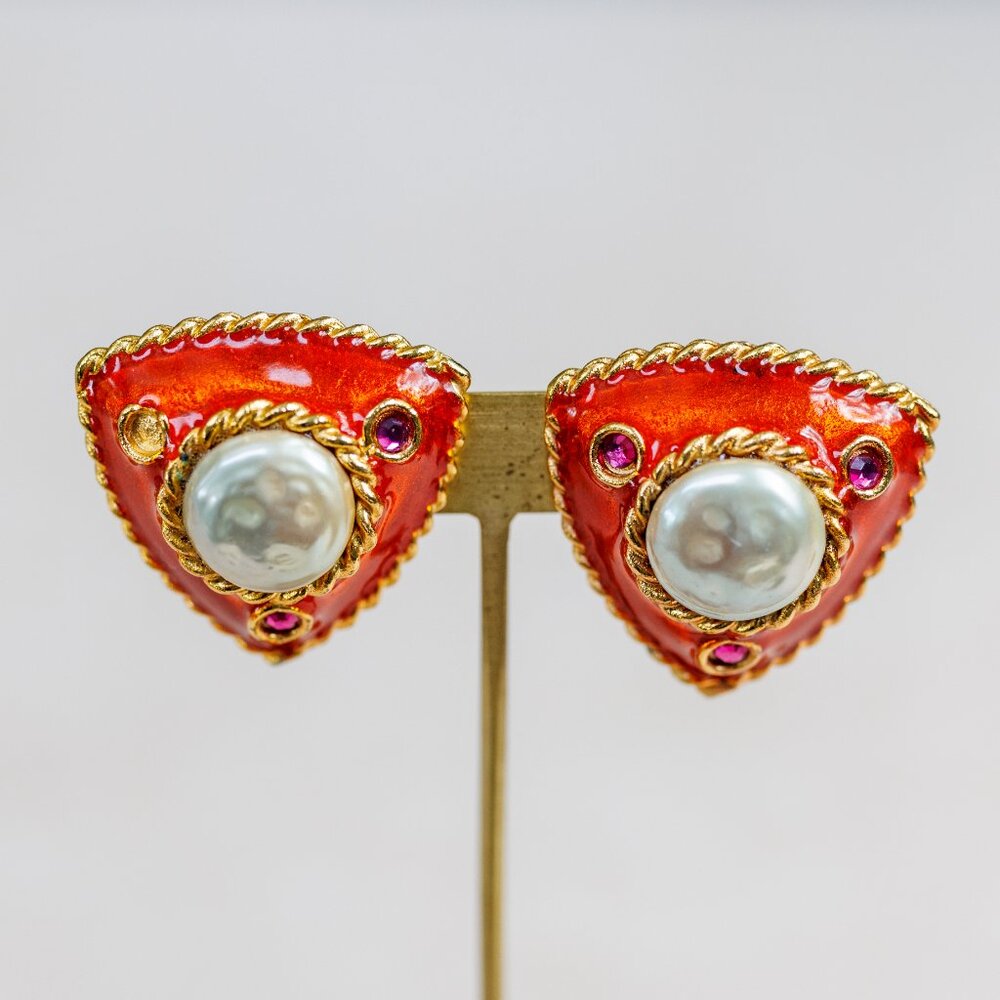 Vintage Chunky Yosca Red and Gold Pearl Earrings